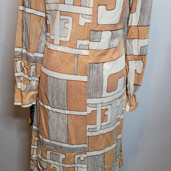Vintage Dress Acetate Abstract Geometric Tan White Short Long Sleeve Sz 10 Tags - Picture 10 of 13